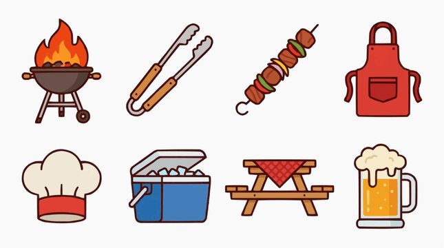 Collection of barbecue icons, including a grill with flames, tongs, a skewer of meat and vegetables, an apron, a chef's hat, a cooler, a picnic table, and a mug of beer.