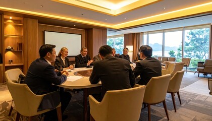Fototapeta premium Business Leaders Discuss Strategy in Modern Boardroom with Scenic View