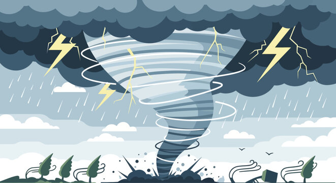 Tornado illustration with lightning and rain.