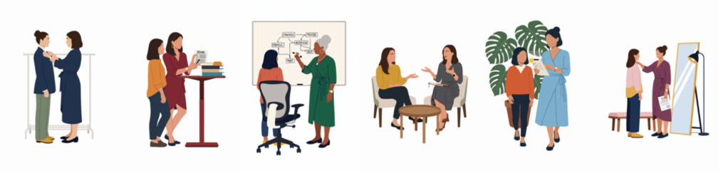 Obraz premium Collection of diverse professional women in mentoring, coaching, and career development scenarios, featuring job interview preparation and strategic planning illustrations.