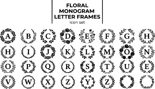 Floral Monogram Letter Frame Silhouette Icon Set A to Z with Rose, Lavender and Eucalyptus, 26 Letters Flat Vector