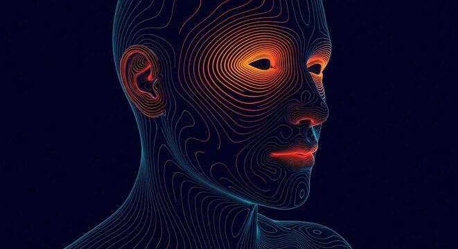 Abstract digital rendering of a human face with glowing eyes and intricate line patterns.