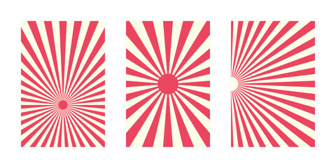 Obraz premium Set of Three Red Sunburst Backgrounds with Radial Rays for Retro Graphic Design and Japanese Style Posters