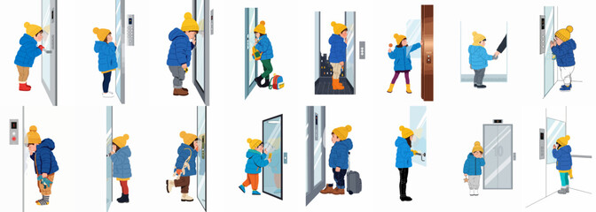 Vector illustration set featuring a young child in various poses and emotions while interacting with an elevator in a modern building. © Santoso