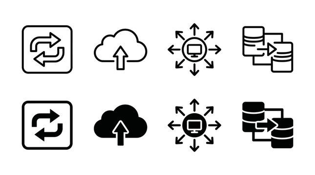 Set of syncing and cloud upload network infrastructure icons with connection database transfer infrastructure