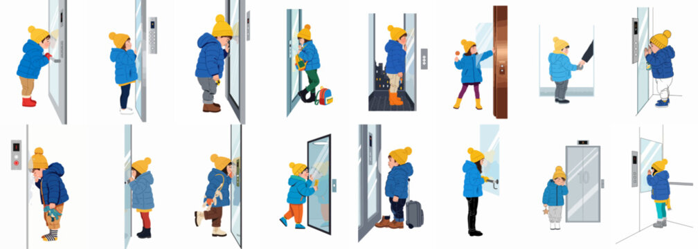Vector illustration set featuring a young child in various poses and emotions while interacting with an elevator in a modern building.