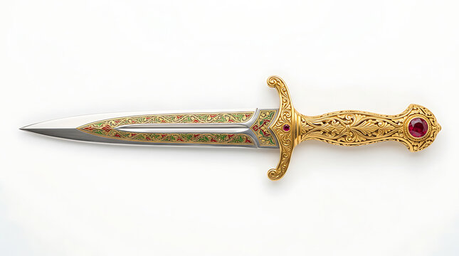 The dagger lies on a surface with its intricately designed gold handle and colorful blade visible.