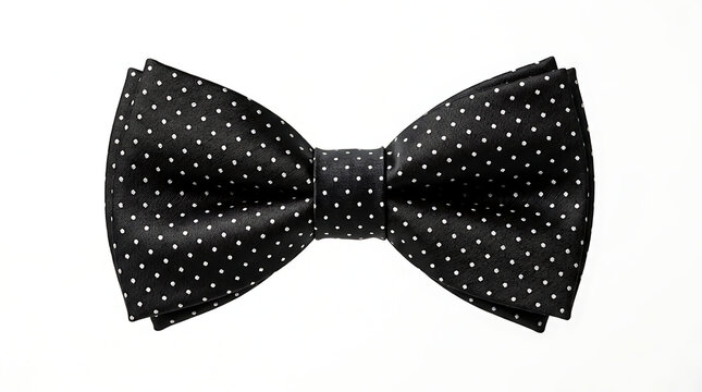 A stylish black bow tie with white polka dots on a plain background