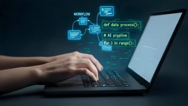 Hands typing on laptop with AI code overlay