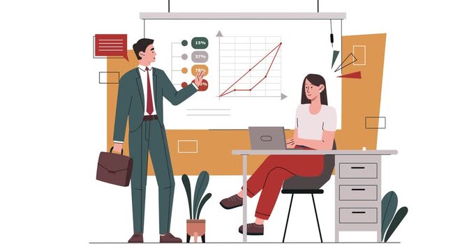 Data analysis motion graphics concept. Man and woman reviewing charts, graphs and business metrics. Statistics, data visualization, analytics and marketing research. Flat animated cartoon