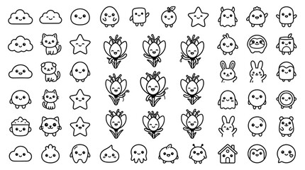 Fototapeta premium Cute Doodle Characters Collection: Kawaii Animals, Monsters, Clouds, Stars, Flowers, Houses