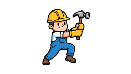 Fototapeta premium Cartoon construction worker holding a hammer and wearing a hard hat and overalls.