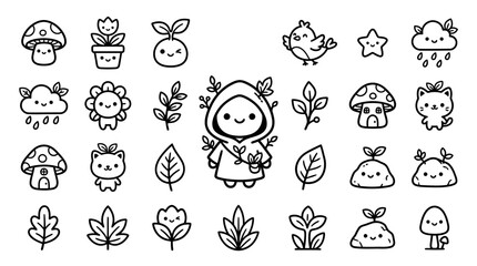 Fototapeta premium Cute Kawaii Nature Elements: Character, Animals, Plants, Weather Icons