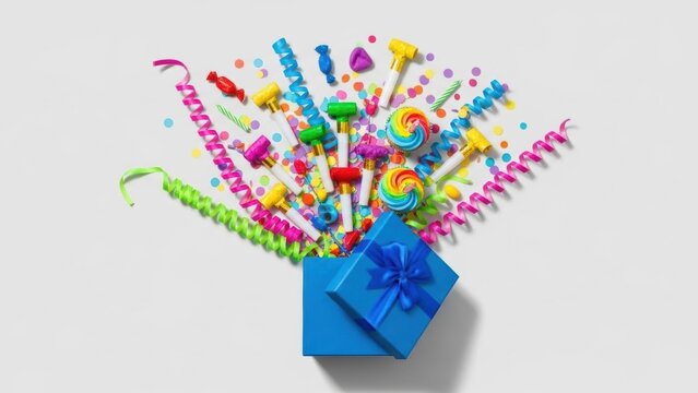 Brightly colored party favors exploding from a blue gift box with confetti and streamers