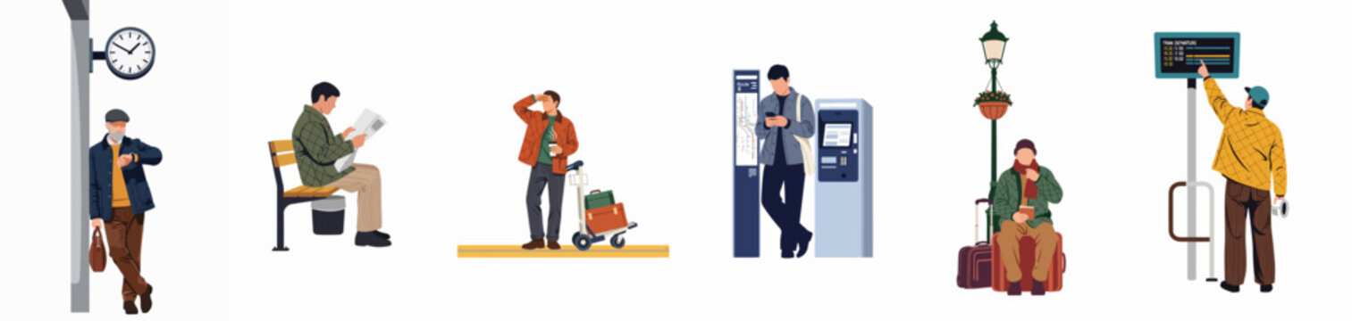 Flat vector illustration set of diverse people waiting for transport at a train station platform, commuting and traveling with luggage.