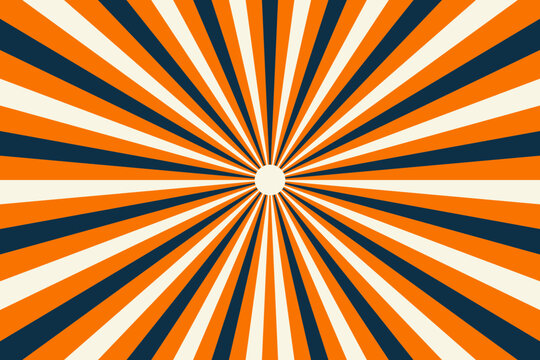 Retro Sunburst Background with Orange and Navy Blue Radial Stripes for Vintage Graphic Design Projects