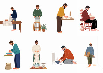 Fototapeta premium Set of vector illustrations showing the step-by-step process of a man baking homemade bread in a cozy home environment.