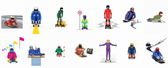 Collection of Street Luge Illustrations Showing Athletes in Colorful Racing Suits and Helmets Participating in Extreme Downhill Racing Competitions on Longboards © Santoso