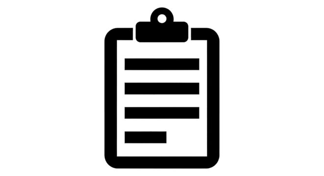 Minimal black silhouette icon, simple flat vector, bold black shape, no, no shading clipboard icon with document lines on a, flat icon style