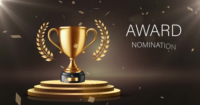 Golden trophy cup. Shiny championship goblet standing on pedestal surrounded by festive confetti. Prize for victory and sporting success. Award ceremony. Realistic 3D animated graphics