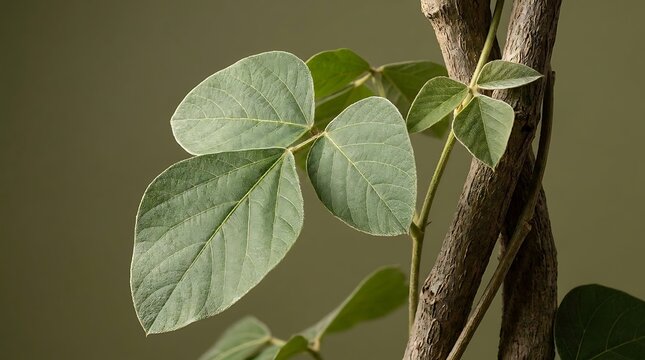 A close-up of butea superba leaves showing the distinct trifoliate texture and natural green foliage structure growing on a woody vine branch in nature
