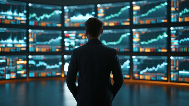 Silhouette of a businessman looking at wall of glowing financial trading screens