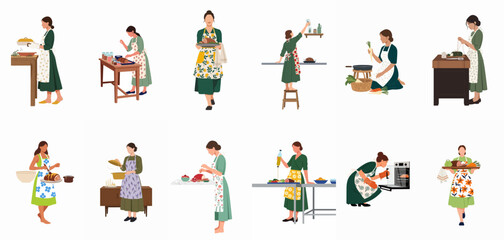 Naklejka premium Flat illustration set of women in floral aprons cooking, baking, and preparing various delicious meals in a domestic kitchen setting.