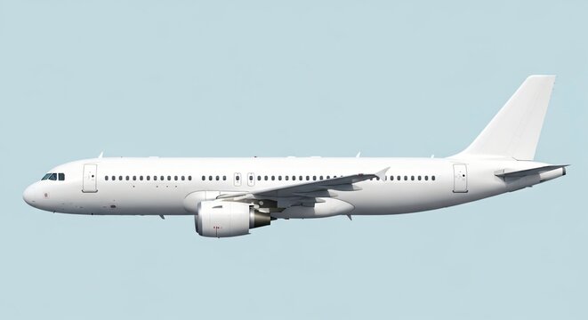 A modern white passenger airplane flying in a clear blue sky, side view.