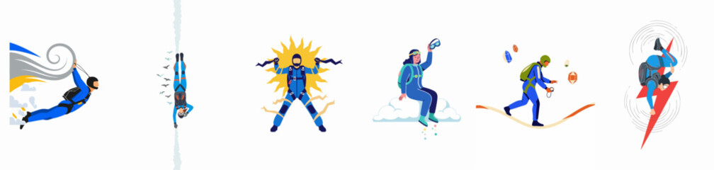 Creative Flat Vector Illustrations of Skydivers Performing Various Stunts and Floating in Surreal Sky Settings © Santoso