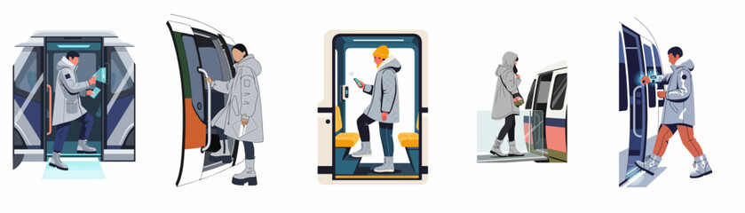 Flat vector illustrations of people in winter clothing boarding futuristic public transport using smartphones and smart technology for a modern commuting experience. © Santoso