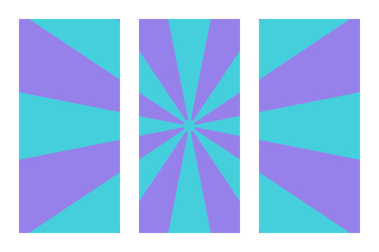 Triptych Sunburst Background with Radial Cyan and Purple Rays for Modern Graphic Design and Abstract Art Projects