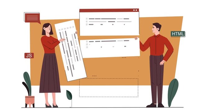 Software development motion graphics. Programmers and IT specialists write code for new app, program or digital product. Frontend and backend technology and engineering. Flat animated cartoon