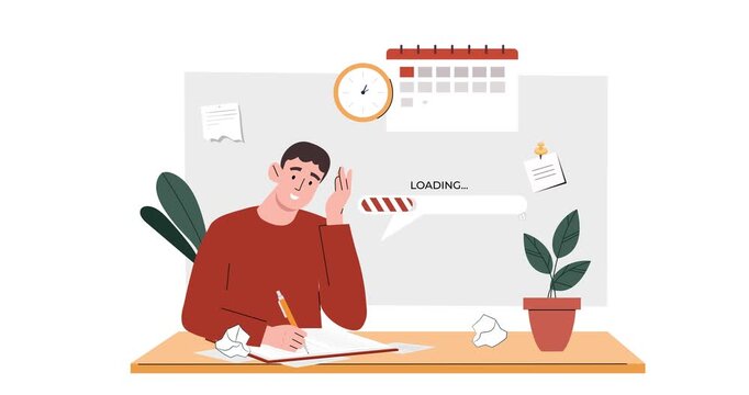 Deadline pressure motion graphics concept. Busy office worker managing heavy workload and trying to complete tasks on time. Urgent tasks and demanding schedules. Stress at work. Flat animated cartoon