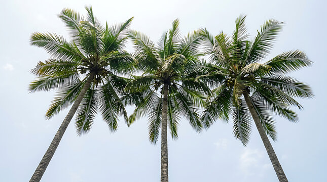 Three tall palm trees sway gently against a clear blue tropical morning sky