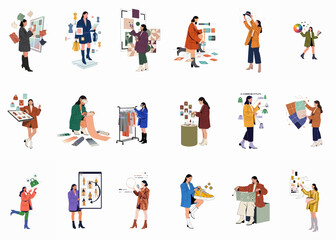 Fototapeta premium Flat Vector Illustration Set of Professional Fashion Stylists and Designers Working with Digital Tools, Clothing, and Accessories in Modern E-commerce Settings