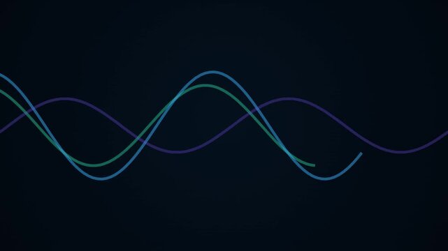 Three intersecting sine waves in blue, teal, and purple on dark background