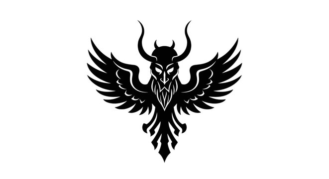 Black winged demon head silhouette with horns vector logo
