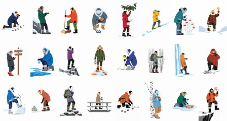 Set of People in Winter Gear Conducting Scientific Research and Wildlife Exploration in Cold Arctic Environments Flat Vector Illustration © Santoso