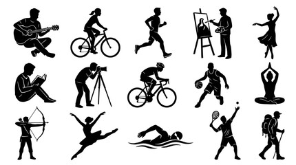 Fototapeta premium Diverse Activities Silhouette Icons: Music, Sports, Art, and Yoga