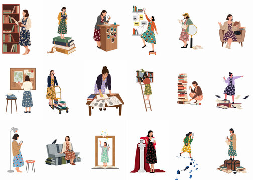 Flat illustration set of women as mystery authors, detectives, and avid readers exploring stories, investigating clues, and surrounded by books.