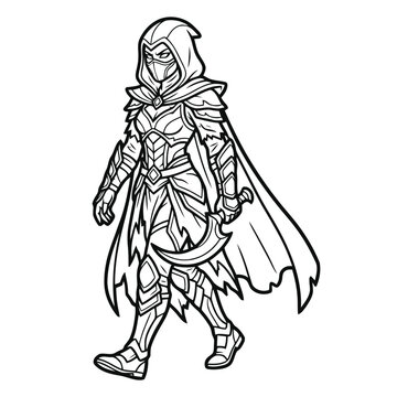 Hooded female rogue assassin with curved dagger line art vector illustration