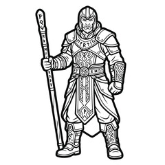 Obraz premium Hand Drawn Line Art Illustration of a Nordic Viking Warrior in Ornate Armor Holding a Ritual Staff