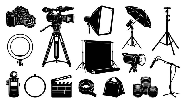 Photography and Videography Studio Equipment Black  White Glyph Icons Set for Media Production