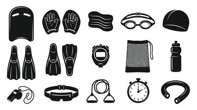 Swimming Equipment and Accessories Glyph Icons Set for Aquatic Sports and Pool Activities