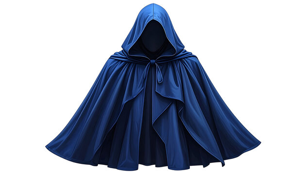 Mysterious dark blue hooded cloak with elegant drapes and deep hood for fantasy cosplay.