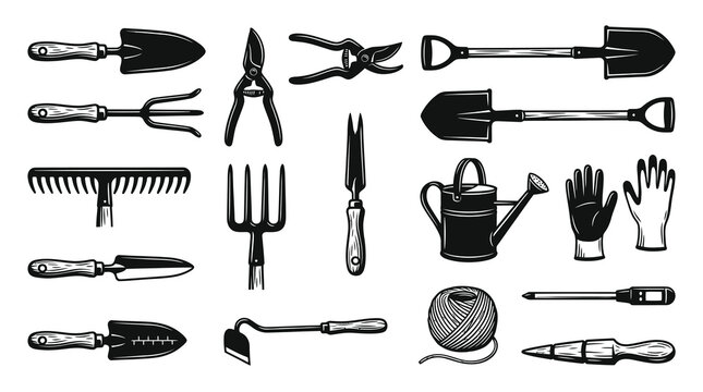 Gardening Tools Collection Black and White Line Art Vector Set. Horticulture Shovel, Rake, Pruners, Watering Can Icons