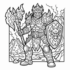 Fototapeta premium Detailed Fantasy Warrior in Ornate Armor with Battle Axe and Dragon Shield in Volcanic Landscape Line Art