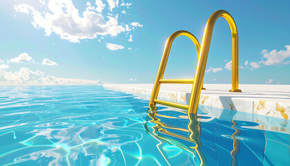 Obraz premium Luxury swimming pool with golden ladder and crystal clear blue water under a sunny sky.