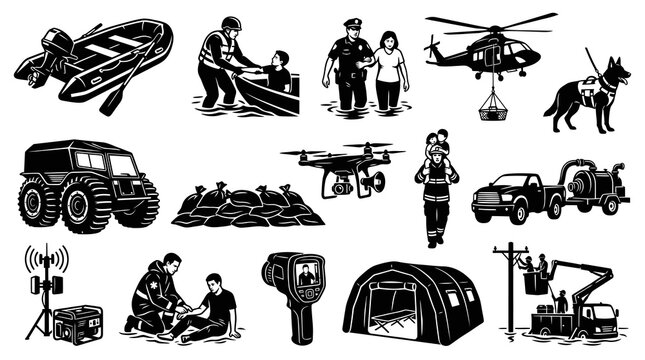 Emergency Services  Disaster Relief Vector Icons Collection - Black  White Line Art