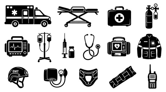 Medical Icons: Ambulance, Stethoscope, Stretcher, PPE, Oxygen Cylinder, Icons